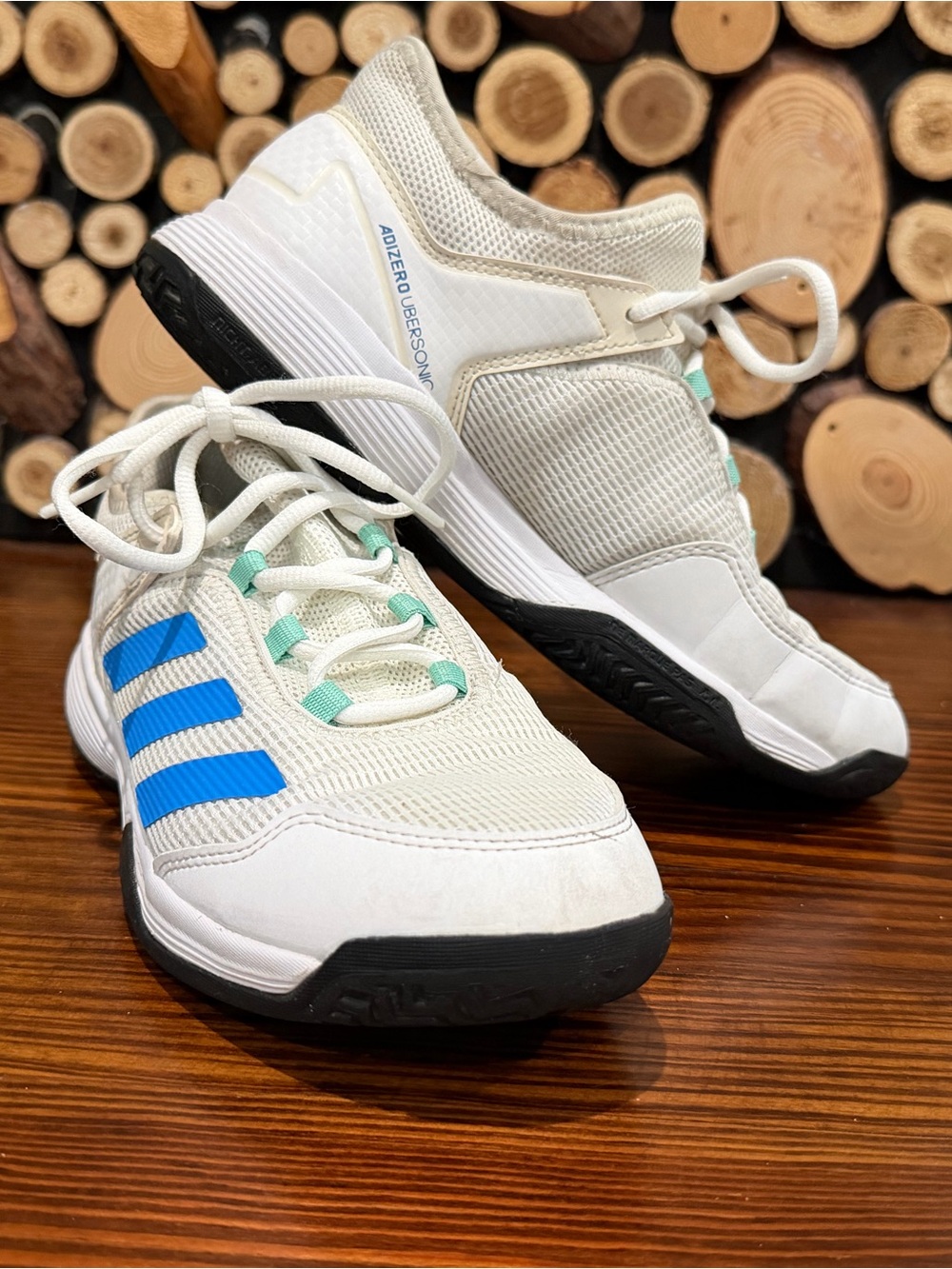 adidas Kids White Sneakers with Blue Stripes and Mint Accents
